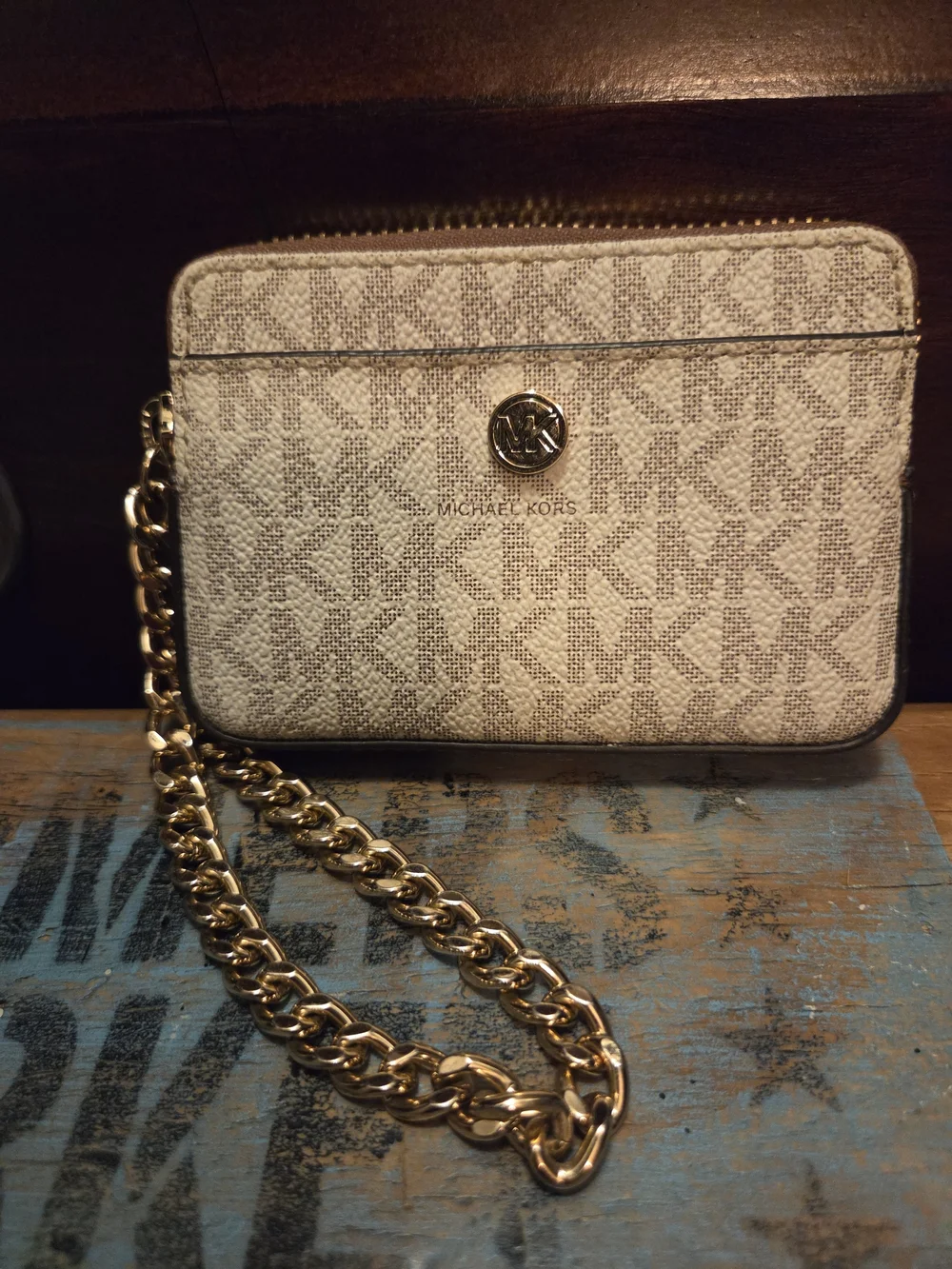 Michael Kors Beige Logo Wristlet with Gold Chain Strap